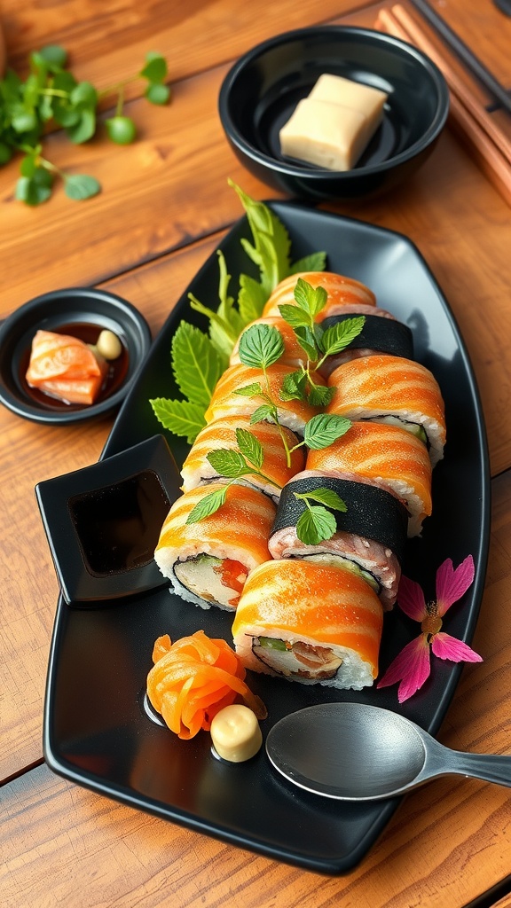 Sushi rolls garnished with fresh herbs, vegetables, and sauces on a decorative plate.